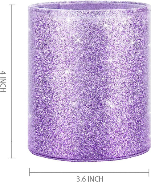 WAVEYU Pen Holder for Women Girls, Pencil Cup Desk Glitter Sturdy Makeup Brush Holder Large Pu Leather Luxury Multi-Functional Organizer Cup for Office, Classroom, Home, Purple