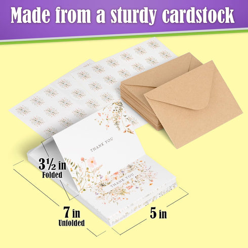 SPIRITDUST 52-pack 3.5x5 Inches, 6 Floral Thank You Cards Bulk with Kraft Envelopes & Matching Stickers, Wildflower