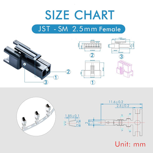 JST SM Connector 2.5 mm Pitch 2-Pin Male Plugs, Female Sockets, 50 Sets/300 Pieces T-Shaped Crimp Terminal Adapter.