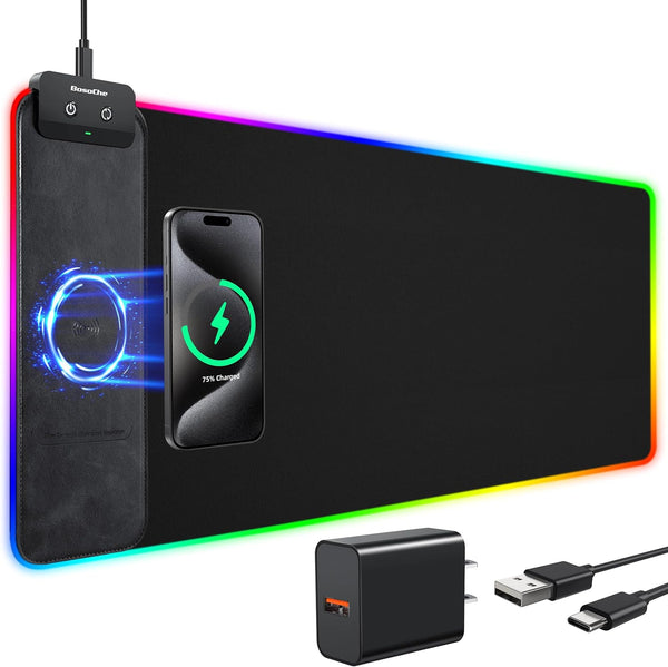 BosoChe Wireless Charging RGB Gaming Mouse Pad 10W, 31.5"x11.8" Large Desk Mat, 9