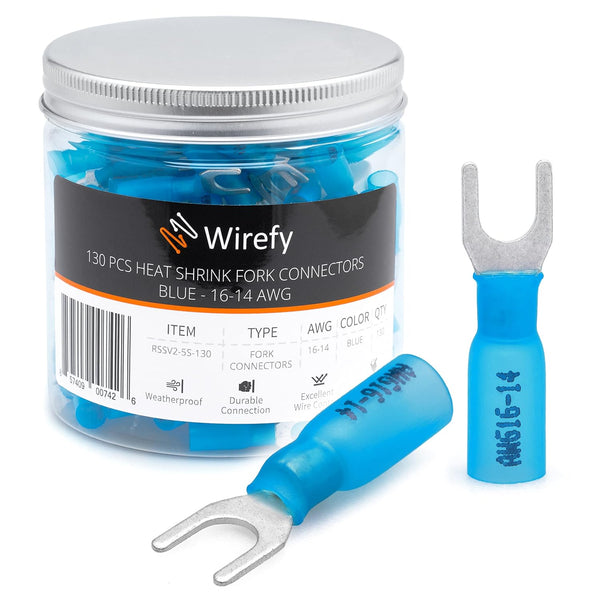 Wirefy 130 PCS Marine Grade Heat Shrink Fork Connectors #10, Blue 16-14 Gauge Universal Wire Connectors