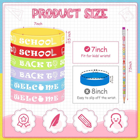 Sabary 48 Pcs Welcome Back to School Pencils Rubber Bracelets Back to School Supplies Set School Party Favors First Day of School Gifts for Kids Kindergarten Students Teacher Reward by Sabary