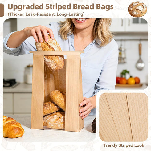 50 Packaging, (50) Funcoo Paper Bread Bags for Homemade Bread, Sourdough Bread Bags Bakery Bags with Window/Tin Tie Tab