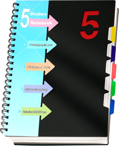 CAGIE 5 Subject Notebook with Dividers, 8.5 x 11, Hardcover A4 Spiral Bound Journal for School, 220 Pages, Black