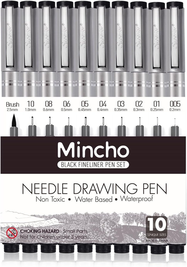 Set of 10 Black Micro-Pen Fineliner Ink Pens, Anti-Bleed & Waterproof for Artist Illustration & Technical Drawing