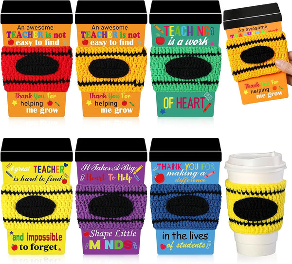 Zhehao 6 Set Crayon Teacher Appreciation Gift Card Crochet Coffee Cup Sleeve Coffee