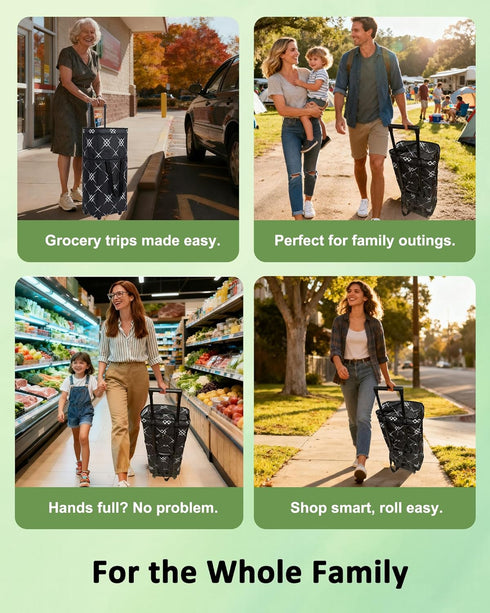Dxiywa Foldable Rolling Bag, Portable Small Shopping Cart with Wheels, Collapsible Shopping Tote with Stylish Pattern
