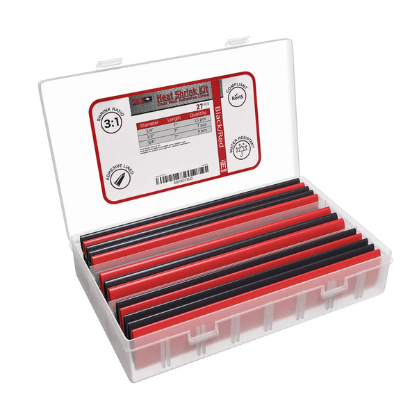 27 PC Dual Wall Adhesive Heat Shrink Kit - Large Diameter, 3:1 Shrink Ratio, Black/Red