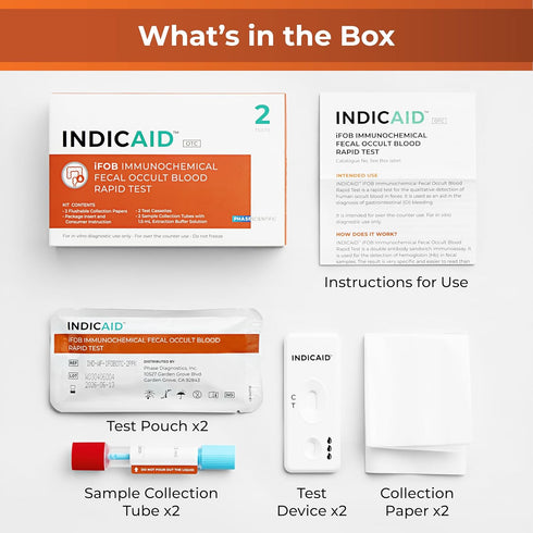 Immunochemical (2 Pack) INDICAID Fecal Occult Blood Test (iFOB), FIT Colon Test, Accurate and Easy at Home, No Prep