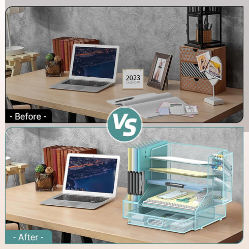 DALTACK Desk Paper Organizer with 6-Tier Tray, 3 Pen Holders, Blue, Storage Organizer for Home Office or School