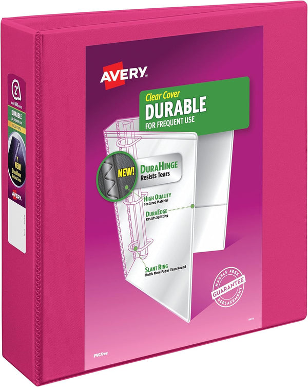 Durable View 3 Ring Binder, 2 Inch Slant Rings, 2.8 Inch Wide Spine, Customizable Clear Cover, 1 Pink Binder by Avery