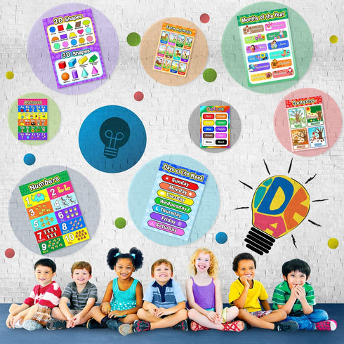 Blulu 8 Educational Preschool Poster for Toddler and Kid Learning, 16 x 11 Inch with 60 Glue Point Dots for Classroom