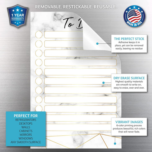 Dry Erase To Do List Vinyl Whiteboard Sticker Decal by Glassboard Studio, Removable & Reusable (6 x 9 inches, Marble)
