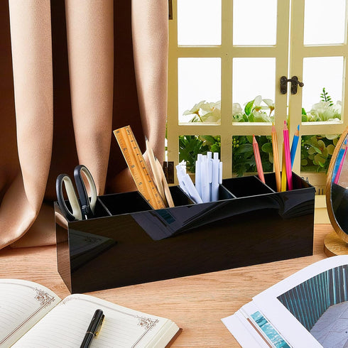 Jetec Acrylic Pencil Holder, 6 Compartments for Desk Accessories, Makeup Storage Box for Office, Dorm, Bathroom (Black)
