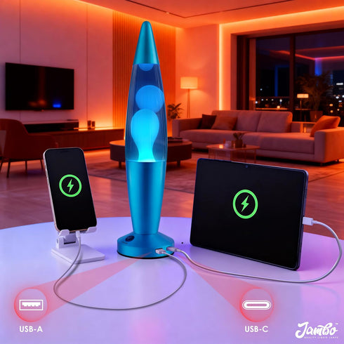 Ports,16" JAMBO Beautiful Liquid Lamp with USB Motion Light with Blue Liquid White Wax, Relaxing Nightlight, Mood Light