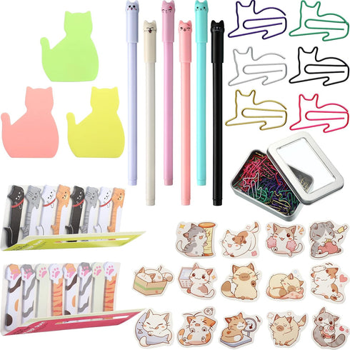Cat Office Supplies Set - Cat Sticky Notes, Paper Clips, Gel Ink Pens, and Stickers for Cat Lovers