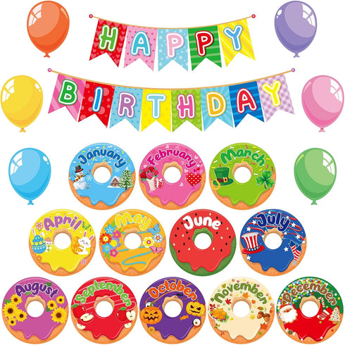 Donut Happy Birthday Bulletin Board Set, Let's Celebrate Happy Birthday Balloon Donut Accents for Classrooms