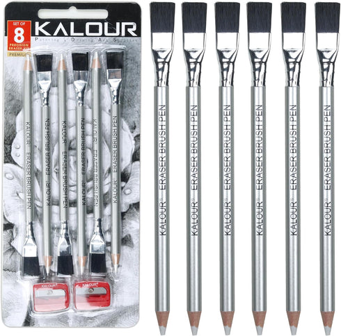 KALOUR Detail Eraser Pencil, 6pc Eraser Pencils with Brush and 2pc Sharpener, Fine Detail Eraser for Sketching,
