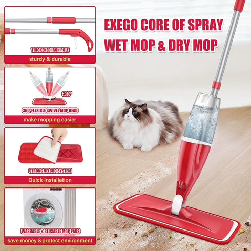Spray Wet Mops for Hardwood Floor Cleaning, EXEGO Microfiber Dry Dust Spray Mop with Washable Pads
