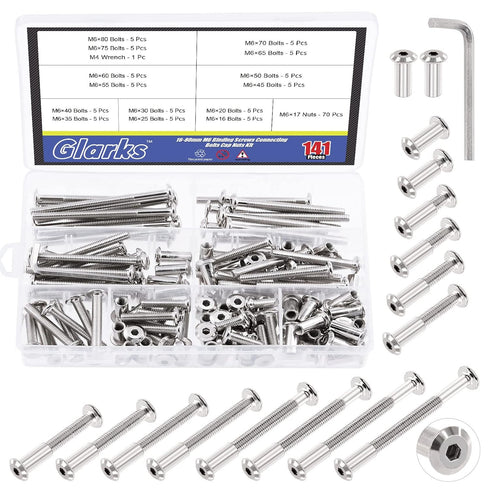 Glarks 141Pcs M6 Hex Drive Socket Head Cap Bolts Assortment Kit, 140Pcs 14