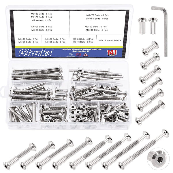 Glarks 141Pcs M6 Hex Drive Socket Head Cap Bolts Assortment Kit, 140Pcs 14