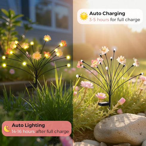 PEVOROS (2 Pack) Solar Garden Lights, Warm White LED Swaying Solar Flowers Light for Outside, Waterproof Garden Decor
