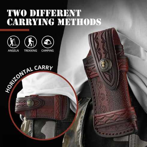 Omesio Pocket Knife Sheath Big (L) - 5.28" Leather Knife Sheath for Belt, Horizontal Carry, Brown Leather for Folding