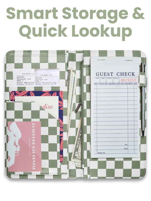 Cute Server Book for Waitress with Zipper & Magnetic Pockets Retro Checkerboard Guest Check Holder Organizer