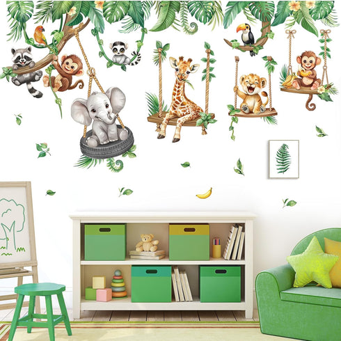 decalmile Jungle Animal on Swings Wall Stickers Safari Animal Elephant Giraffe Monkey Tropical Leaves Wall Decals Baby