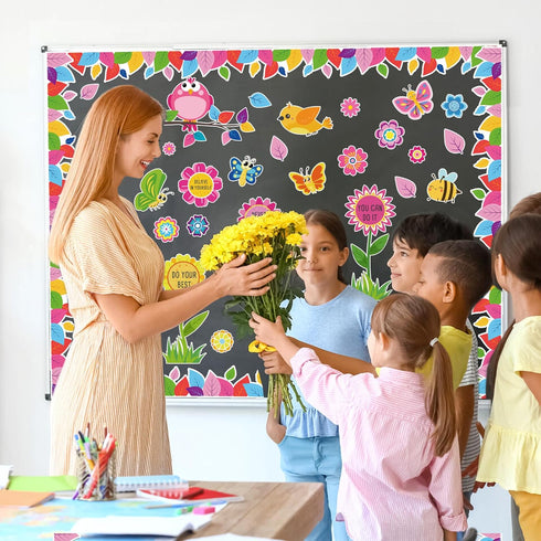 Spring Flower Butterfly Bulletin Board Decorations, Affirmation Cutouts and Borders Set for Classroom Decor