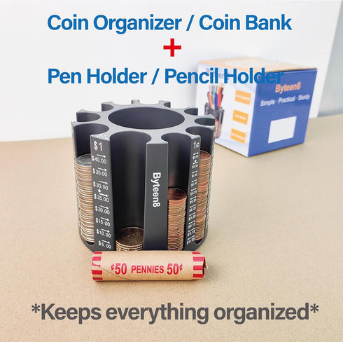 Coin Counter Coin Sorter, Pen Holder + Coin Holder as Desk Organizer, Piggy Bank for Adults & Kids - 500pcs Store