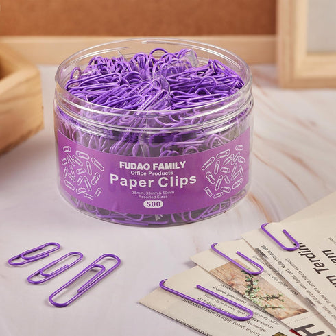Purple 500pcs Assorted Sizes Paper Clips, Vinyl Coated for Office, School