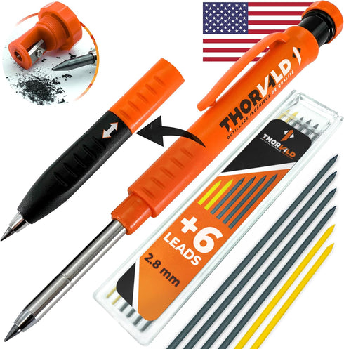 THORVALD New 2-in-1 Carpenter Pencils with Finger Grip, Includes 7 Leads + Sharpener, Best Marking Tools