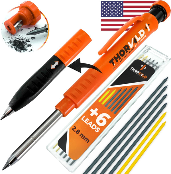 THORVALD New 2-in-1 Carpenter Pencils with Finger Grip, Includes 7 Leads + Sharpener, Best Marking Tools
