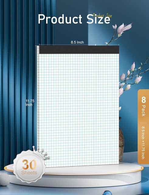 Graph Paper Pads 8.5 x 11, 8 Pack, 4x4 Quad Grid Paper Pad 8-1/2" x 11", White Quadrille Pad, Easy Tears Off Design, Grid Notebook 8-1/2 x 11, White 70 GSM Graft Paper, 30 Sheets/Pad by Zaviko