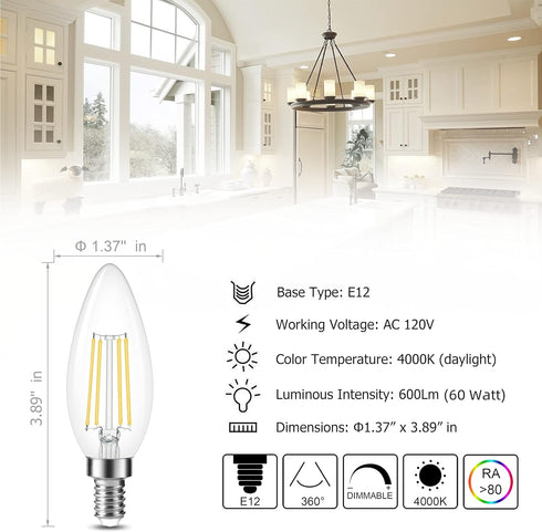 Cotanic Dimmable E12 LED Candelabra Bulb, 4000K Daylight, 60W Equivalent, 600LM, Vintage B11 LED Candle Shape, 8 Pack