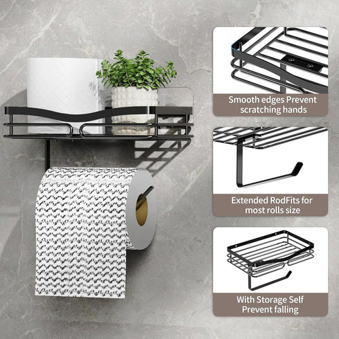 YIGII Toilet Paper Holder with Shelf, Adhesive or Drilling Tissue Roll Holder for Bathroom, Rustproof Toilet Roll