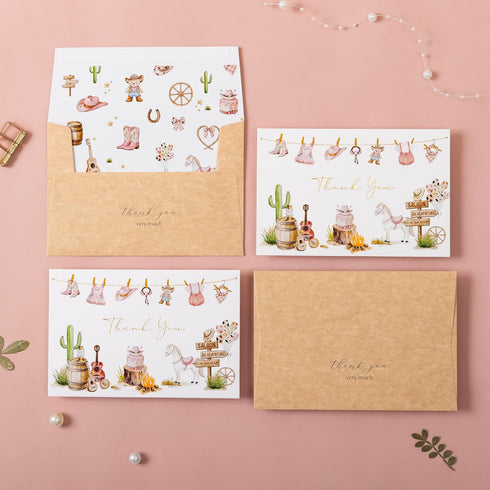 50 Pack Crisky Baby Shower Thank You Cards for Girl with Envelopes, Pink Western Cowgirl Baby Thank You Cards for Baby
