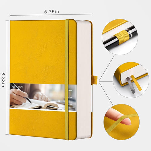 EMSHOI Dotted Journal Notebook, 320 Pages A5 Hardcover Leather Journal for Writing, 100gsm Thick Paper, Dot Grid Notebook for Women Men Work Bullet Journaling, 5.75" x 8.38"- Yellow by EMSHOI