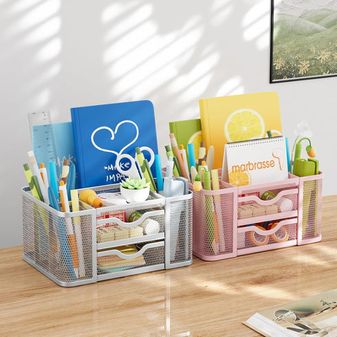 Marbrasse Mesh Desk Organizer, Pen Organizer with 2 Drawers, Multi-Functional Pencil Holder for Office Art Supplies