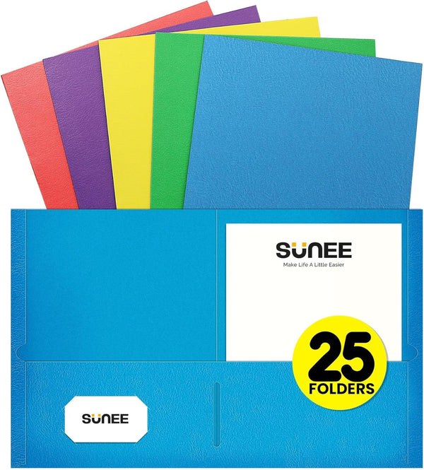 SUNEE Folders with Pockets, 25 Pack, Assorted Colors, 2 Pocket Folders Fit Letter Size Paper for School Office