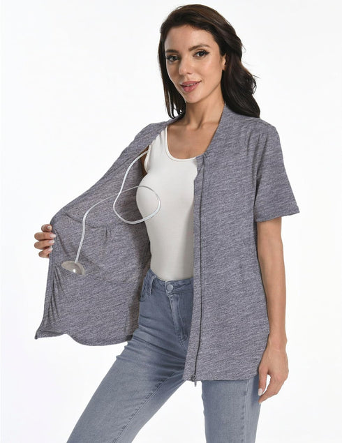 Meuponc Post Mastectomy Zip Up Shirts with Drain Pockets Surgery Recovery Must Haves Clothing Comfy Short Sleeve Shirts
