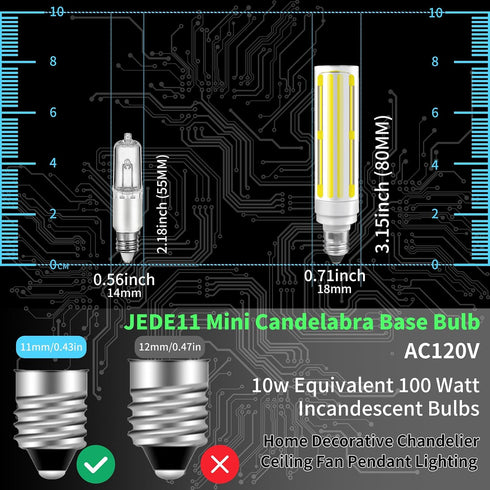 Dimmable JDE11 Bulbs 120V 100W Bulbs T6 E11 Bulb, 6000K 10W 1100lm E11 Fan,2Pcs ZHENMING Led Halogen Candelabra