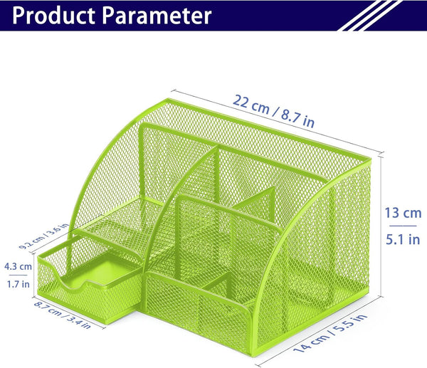 Boutilon Mesh Desk Organizer with 6 Compartments and 1 Drawer, Multi-Functional Caddy Pen Holder for Home Office School