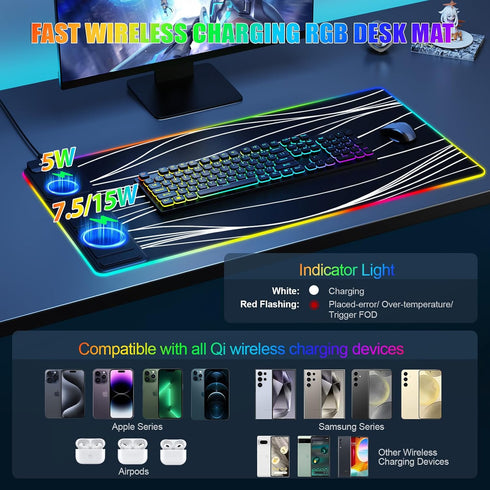 Miroddi Mouse Pad with Phone Holder, Wireless Charging Desk Mat, RGB Gaming Mousepad Home Office Large Desk Pad