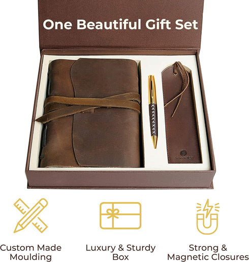 Leather Journal Gift Set with Antique Bookmark + Pen, Handmade 7x5 Inches Unlined Notebook, Luxury Gift Box