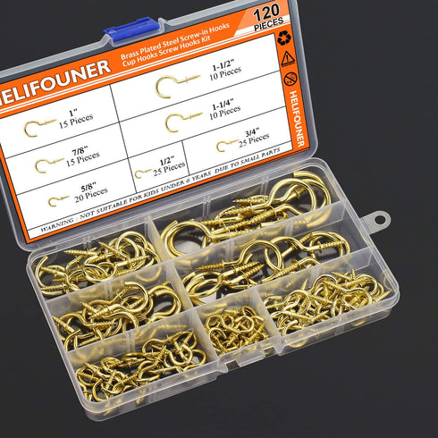 120 Pieces Cup Screw Hooks, Gold Color, Self-Tapping Screws Hooks Kit in 7 Sizes (1/2" to 1-1/2")