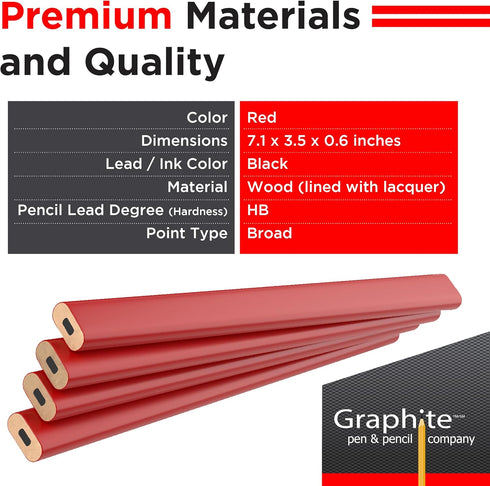 GRAPHITE Hard Lead Carpenter Pencils Bulk - Pack of 12 Pieces, Lumber Wooden Pencil #2 (HB), Red