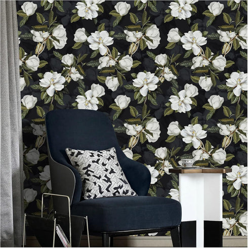 HAOKHOME 93169-1 Peel and Stick Gardenia Floral Wallpaper Removable Black/White/Green Vinyl Self Adhesive Mural 17.7in x 9.8ft by HAOKHOME
