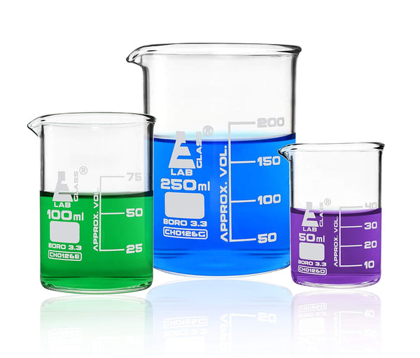 EISCO Premium 3pc Glass Beakers Set - Low Form Lab Beakers, 50mL, 100mL, 250mL, Borosilicate 3.3 Glass